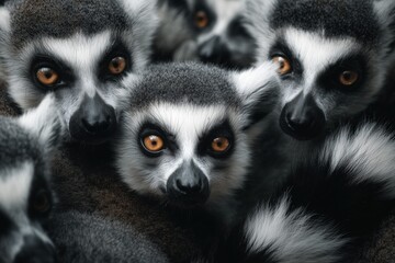 Fototapeta premium A group of ring-tailed lemurs huddling together.