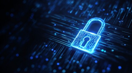 Digital lock icon, with glowing blue circuits, shows a tech background. This design is for protecting information with futuristic electronic elements.