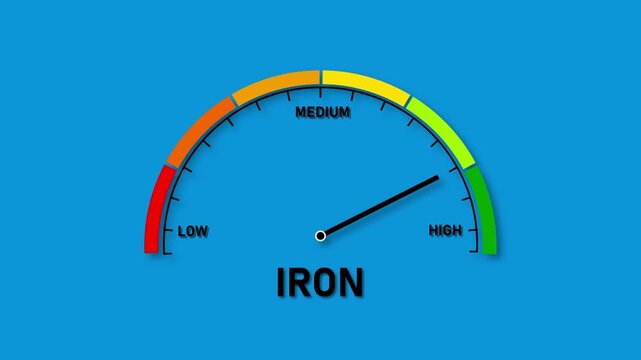 A semicircular gauge with a needle pointing towards high on a blue background indicating iron levels from low to high with color-coded segments