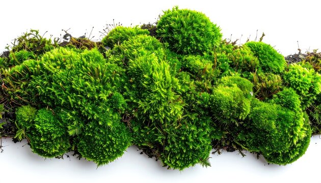 Vibrant green, lush cushion moss isolated on a clean white background.
