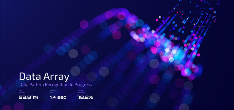 Futuristic data array visualization with flowing particle waves and digital interface representing big data analysis, pattern recognition, artificial intelligence, machine learning vector background