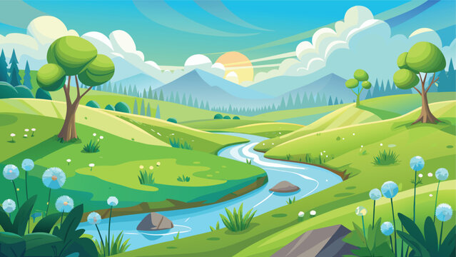 A serene landscape of rolling hills, winding river, and vibrant nature under a clear sky.