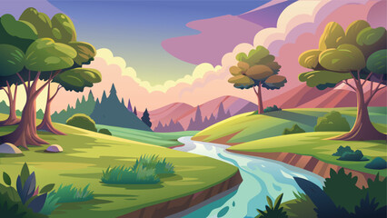 Fototapeta premium A serene fantasy landscape with winding rivers and vibrant forests under a soft sky.