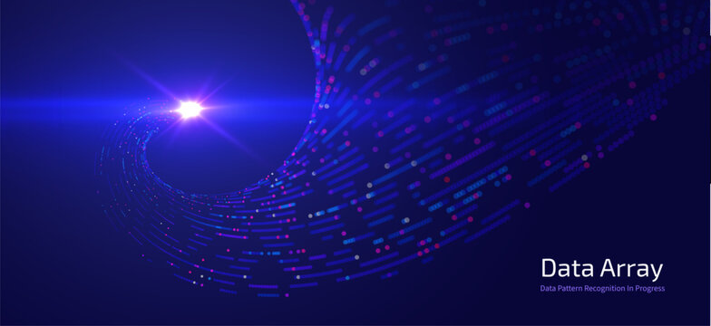 Futuristic data array visualization with flowing particle waves and digital interface representing big data analysis, pattern recognition, artificial intelligence, machine learning vector background