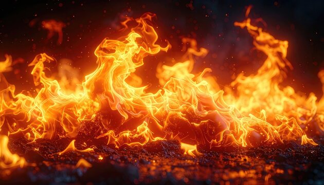 Vibrant, close-up view of intense orange and yellow flames consuming dark, textured ground.