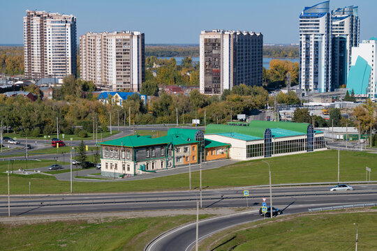 BARNAUL, RUSSIA - SEPTEMBER 16, 2025: View of the building of the Museum of Road Engineering on a sunny September day