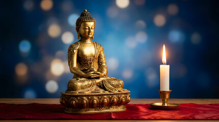 Fototapeta premium Golden Buddha statue meditating peacefully with lit candle