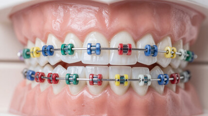 Colorful braces on teeth model for orthodontic treatment, isolated on white background for dental care