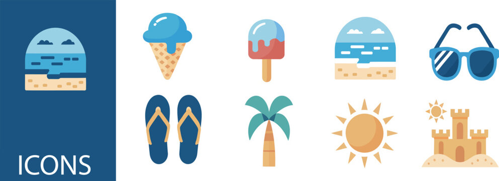 Modern Flat-Colour Summer Vacation Icon Set for Travel and Leisure Lifestyle Designs