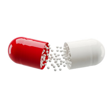 Red and White Medical Capsule Pill Split Open with Granules Spilling Out Isolated on White Background Transparent Background