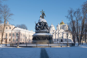 A view of the old Millennium of Russia monument and Saint Sophia Cathedral in the Veliky Novgorod Kremlin on a February morning.