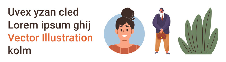 Personal branding, marketing design, character study, social connections, business visuals, creative layouts. A smiling woman, a formal man and a green plant are featured. Personal branding
