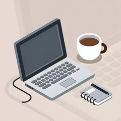 Fototapeta premium Laptop on desk with coffee and notebook, workspace setup, office supplies
