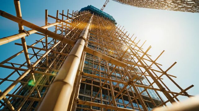 Construction site with bamboo scaffolding against a clear blue sky background.