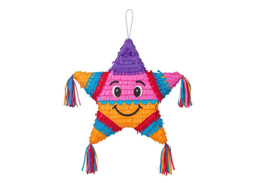 A colorful star-shaped pi&ntilde;ata with a smiling face