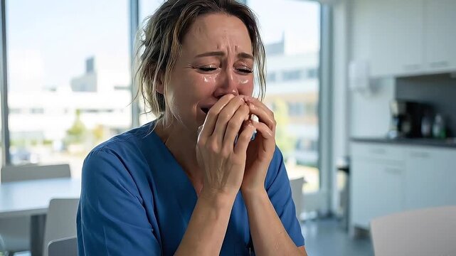 Emotional Woman Covering Face in Hands Crying in Kitchen