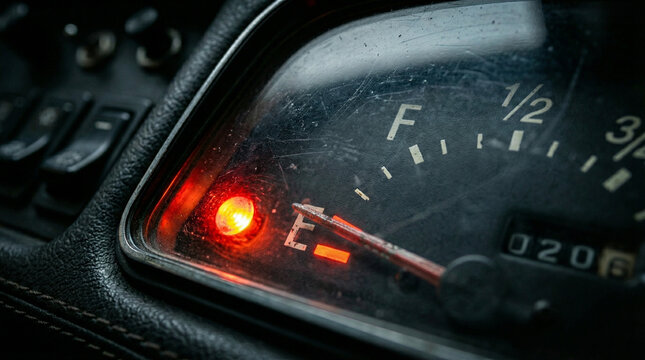 A hyperrealistic macro shot of an old car's fuel gauge showing dangerously low fuel with the red warning light illuminated, emphasizing the urgency of refueling