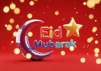 Naklejka premium Celebratory eid mubarak graphic with a crescent moon and star on a red background