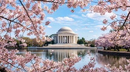 Obraz premium Jefferson Memorial surrounded by blooming cherry blossoms under a bright blue spring sky.