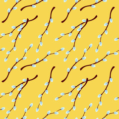 Fototapeta premium colorful spring seamless pattern with pussy willow twigs, vector illustration on yellow background, template for wallpaper, poster, easter wrapping paper, spring decoration, textile, prints