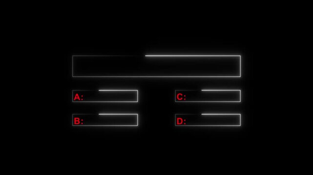 Minimalist quiz line animation with option selection concept on black background. Glowing neon white quiz template challenge with choice option A,B,C and D.