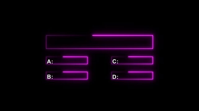 Minimalist quiz line animation with option selection concept on black background. Glowing neon pink quiz template challenge with choice option A,B,C and D.