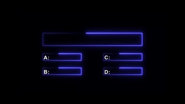 Minimalist quiz line animation with option selection concept on black background. Glowing neon blue quiz template challenge with choice option A,B,C and D.