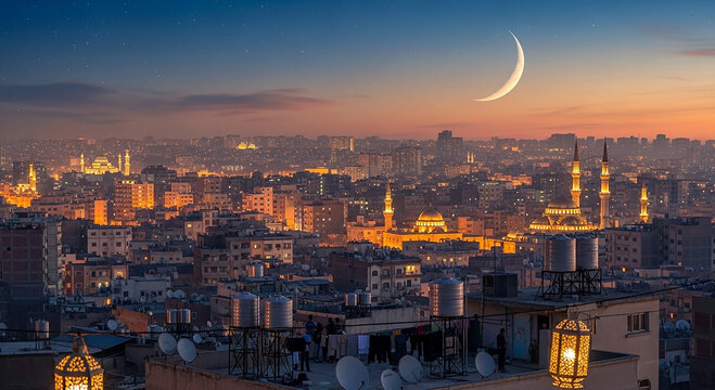A cityscape at dusk with a crescent moon in the sky