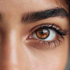 Obraz premium Close-up or face of beautiful young woman with beautiful brown eyes and big pretty eyelashes and eyebrows. Macro of human eyes looking at camera.