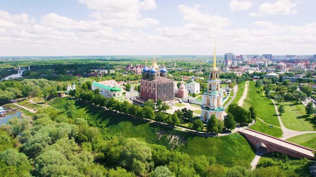 Orthodox church complex and historical landmark overlooking the Trubezh River in Ryazan, Russia
