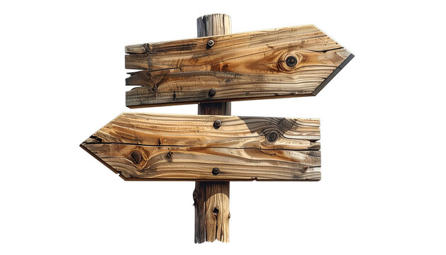 Weathered wooden directional sign with two arrows pointing in opposite directions