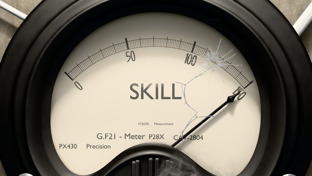 Skill meter showing high levels of skill. Dangerously increasing values of skill, critical overload. Too much, off the charts. Max skill ,3d illustration