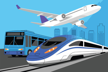 Fototapeta premium Modern Transportation Graphic Design, aerodynamic bullet train bus and jet with blue skyscrapers