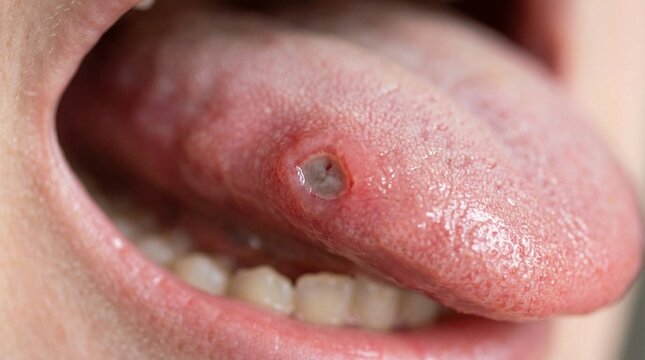 Close-up of a painful canker sore on the inside of a person's lower lip, showing inflammation and a yellowish center.