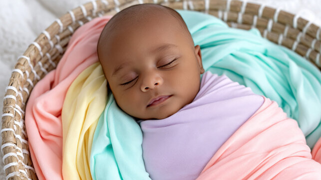 Sleeping baby wrapped in pastel colored blankets in a basket  