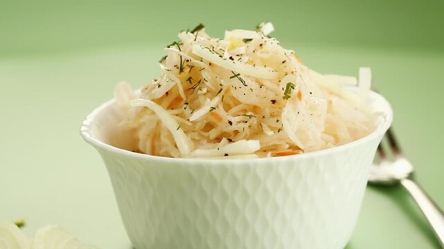 fresh cabbage salad with onion in white bowl