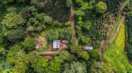 Birds-eye view shows a coffee farm, with trees and green crops all around it.