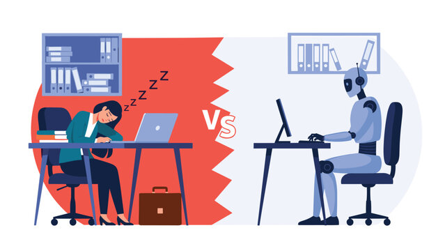 Comparison of tired office woman sleeping at her desk versus efficient tireless humanoid robot working on computer representing future automation.