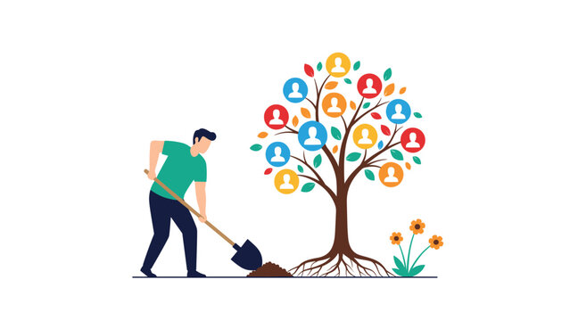 Man using shovel to dig soil and plant growing tree with diverse human faces in colorful fruit circles representing community growth resources.