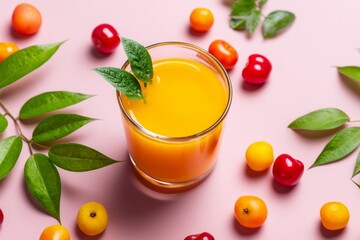 Fototapeta premium Fresh Juice with Colorful Fruits and Leaves on Pink Background