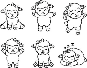 Obraz premium Six cute cartoon sheep in different poses with bows Black outline coloring book