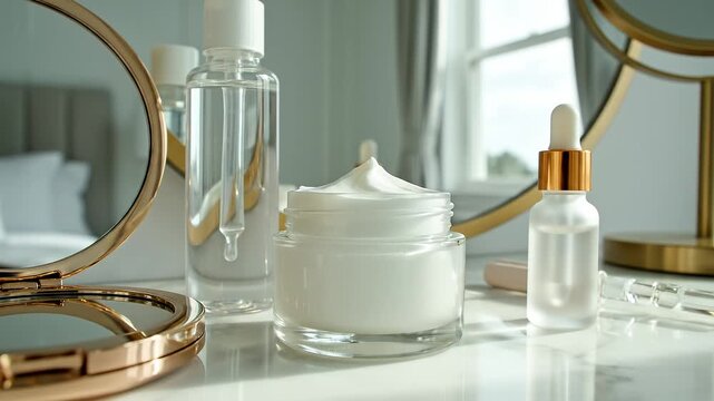 Skincare products on a vanity table.
