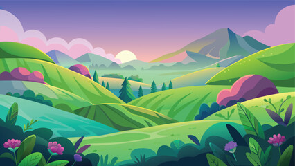 Obraz premium Vibrant sunset over rolling green hills and cloud-dotted sky