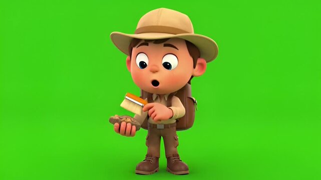Charming animated explorer character meticulously unearths a precious artifact with a brush, conveying a look of profound surprise and archaeological discovery