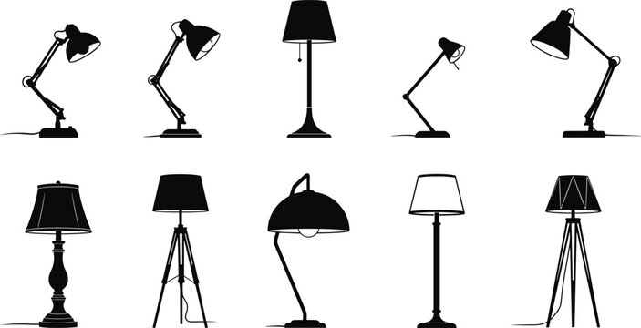 Lamp silhouettes illustration, desk lamp vector, table lamp design, floor lamp artwork, modern lighting icon, interior decor symbol, home illumination graphic