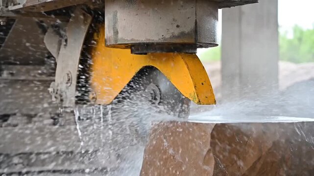 Industrial stone cutting machine precisely slicing granite block with water spray, construction and fabrication detail.