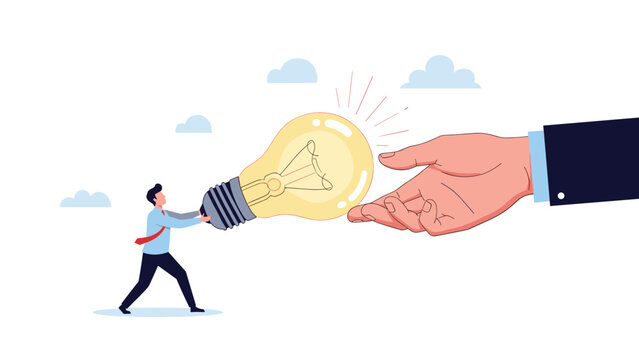 Small man exerting effort to push a massive glowing lightbulb toward a giant outstretched palm representing the sharing of new ideas.