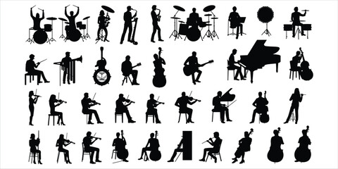 Silhouette collection of musicians playing various instruments on white background Keywords: musician, silhouette, music © Shakila
