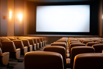 Fototapeta premium Empty Cinema Hall with White Screen Turned On and Comfortable Seating Arrangement