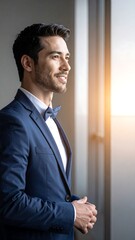 Fototapeta premium Well-dressed man gazes thoughtfully out of a bright window
